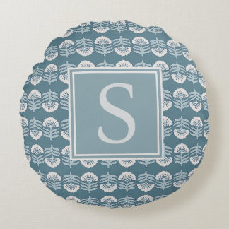 Coussins Ronds Boho Blue Floral Monogram Cushion