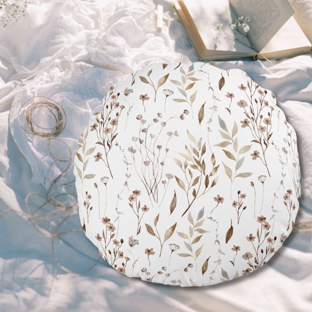Coussins Ronds Boho Brown Floral Botanique Motif nature (In situ)