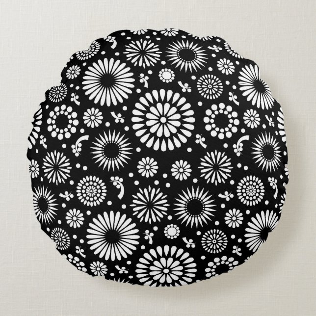 Coussins Ronds Boho fleurs Motif floral vectoriel noir et blanc (Devant)