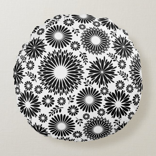 Coussins Ronds Boho fleurs Motif floral vectoriel noir et blanc (Devant)