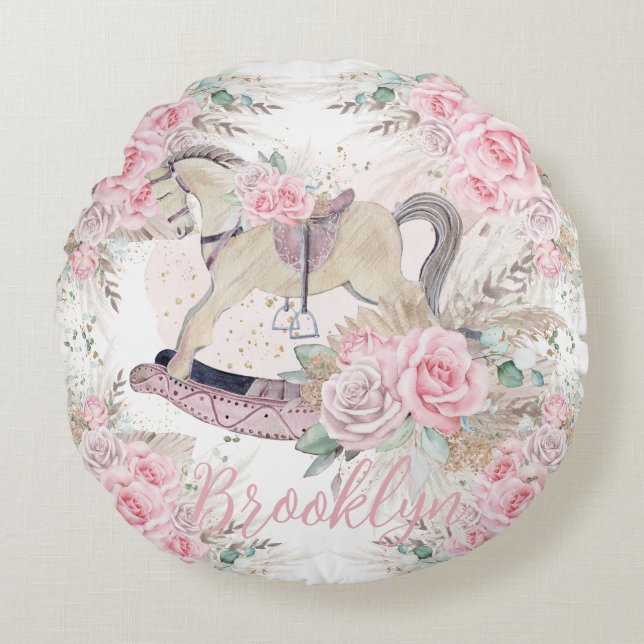 Coussins Ronds Boho Pampas Herbe Rose Floral Rocal Horse (Devant)