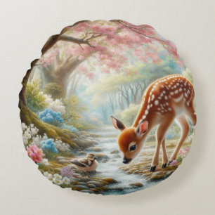 Coussins Ronds Bois de printemps avec canard et faon/cerf