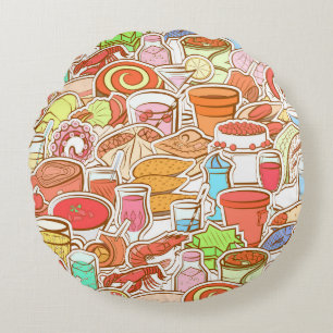 Coussins Ronds Boissons, fruits de mer, snacks, motif sans soudur