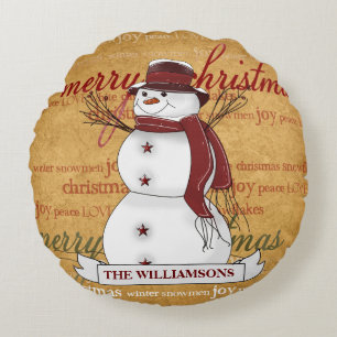 Coussins Ronds Bonhomme de neige primitif de pays avec les