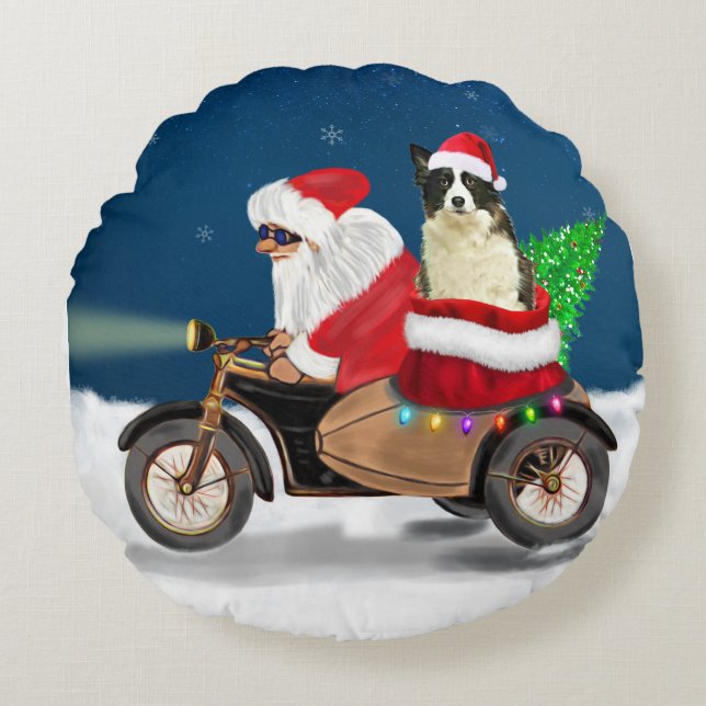 Coussins Ronds Bordure Collie Chien Noël Père Noël (Devant)