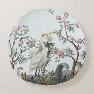 Coussins Ronds Bordure en style chinoiserie avec cigognes et peon