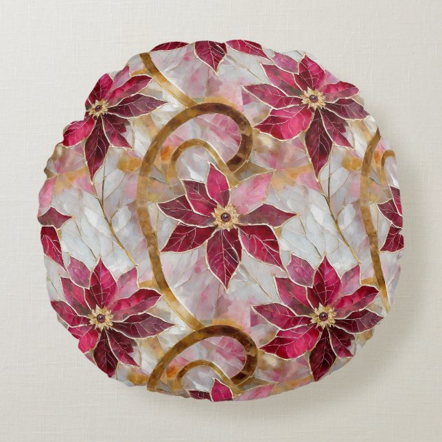 Coussins Ronds Boucles d'or Bourgogne rose Poinsettias de Noël (Devant)