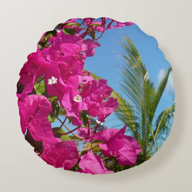 Coussins Ronds Bougainvilliers et palmiers paysage tropical (Devant)