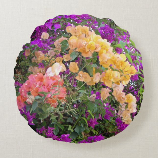 Coussins Ronds Bougainvilliers ronds roses, violets et oranges (Devant)