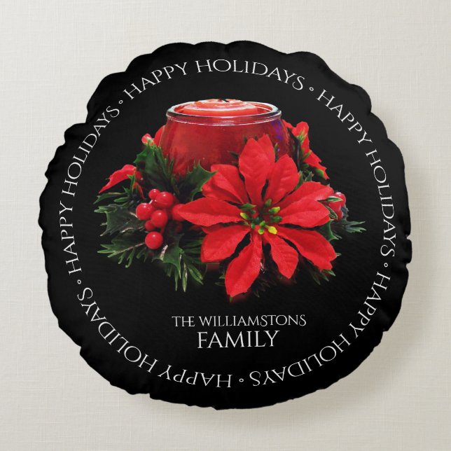 Coussins Ronds Bougie de Noël rouge, Holly et Poinsettia (Devant)