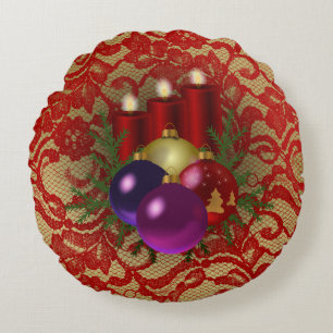 Coussins Ronds Bougies et ornements de Noël Dentelle Faux Floral