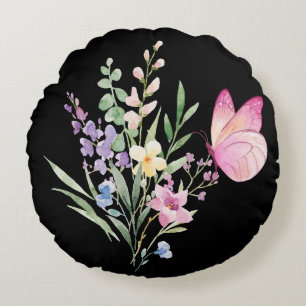 Coussins Ronds Bouquet de fleurs sauvages à l'aquarelle avec papi