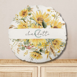 Coussins Ronds Bouquet de tournesols à l'aquarelle avec monogramm