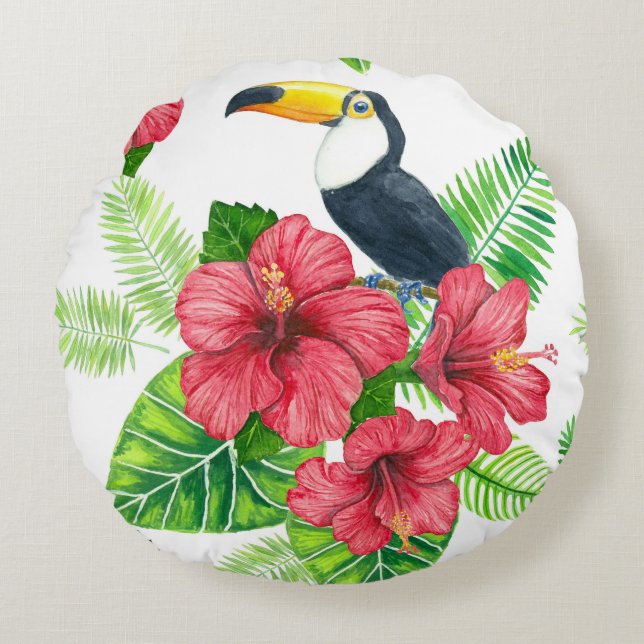 Coussins Ronds Bouquet Toucan et tropical (Devant)