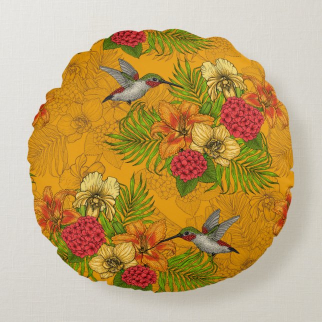 Coussins Ronds Bouquet tropical et colibris 2 (Devant)