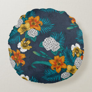 Coussins Ronds Bouquet tropical sur bleu
