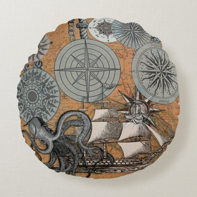 Coussins Ronds Boussole Rose Vintage Nautique Octopus Ship (Devant)