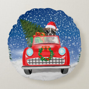 Coussins Ronds Boxer Chien Conduite Voiture En Noël De Neige
