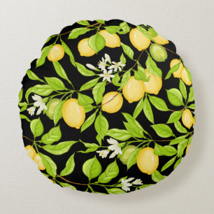 Coussins Ronds Branche de citron avec citrons, fleurs et feuilles