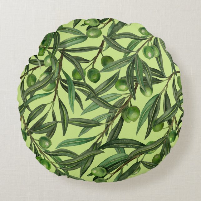 Coussins Ronds Branches d'olive sur le vert miel (Devant)