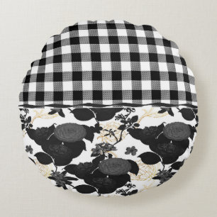 Coussins Ronds Buffle noir rustique blanc Chèque Fleur