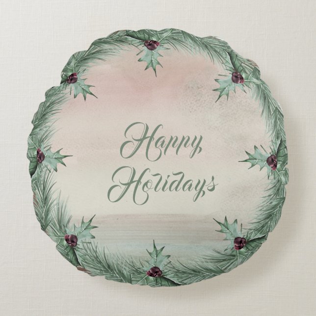 Coussins Ronds Burgundy Berry Holly Pine Christmas Round Pillow (Devant)