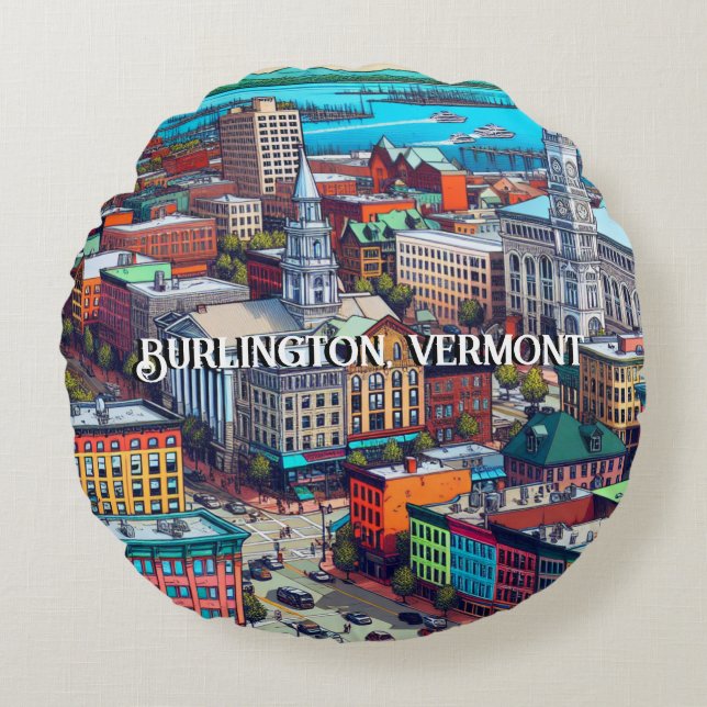 Coussins Ronds Burlington, Vermont Comic Style Art (Devant)