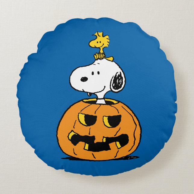 Coussins Ronds cacahuètes | Snoopy & Woodstock Citrouille pop-up (Devant)