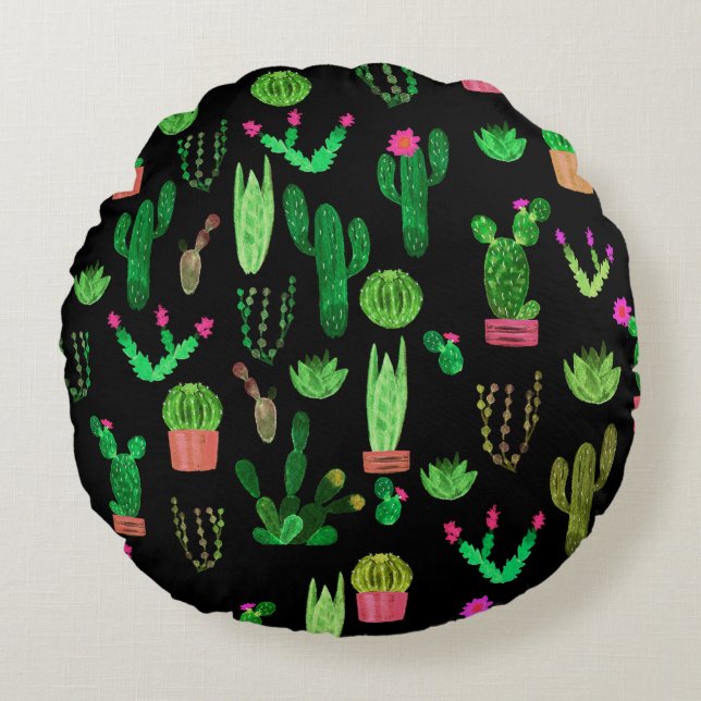 Coussins Ronds Cactus aquarelle sans couture plante motif backgro (Devant)