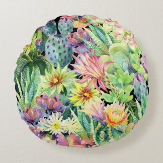 Coussins Ronds Cactus en floraison, motif aquarelle transparent.