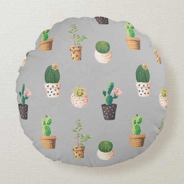 Coussins Ronds Cactus Succulents à Dessrt Vert dans les pots (Devant)