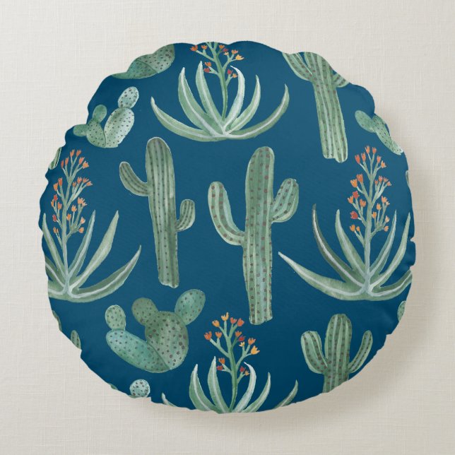 Coussins Ronds Cactus Succulents et saguaro plantes sur bleu (Devant)