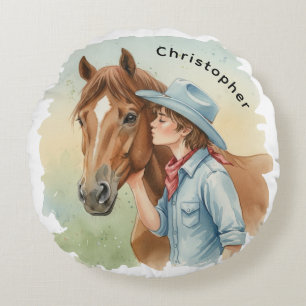 Coussins Ronds Cadeau de fête d'anniversaire Blue Cowboy embrassa