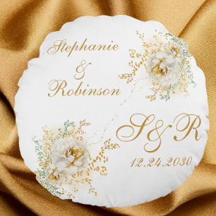 Coussins Ronds Cadeau de mariage à logo monogramme floral or