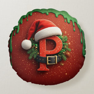 Coussins Ronds Cadeau de Noël Monogramme P avec chapeau de Père N