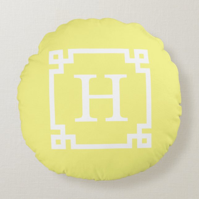 Coussins Ronds Cadre de clé grecque jaune clair #2 Monogramme ini (Devant)