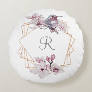 Coussins Ronds Cadre Orné de Magnolias Roses et Blancs Monogramme