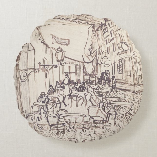 Coussins Ronds Café Terrasse en soirée, Dessin d'art, Van Gogh (Devant)