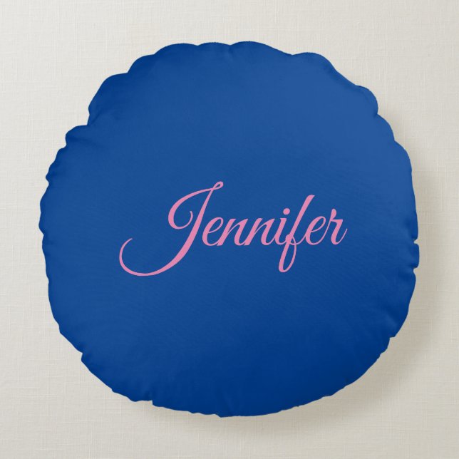 Coussins Ronds Calligraphie Elegant rose Bleu Nom personnalisé (Devant)