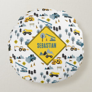 Coussins Ronds Camions de construction bleus et motif de thème de