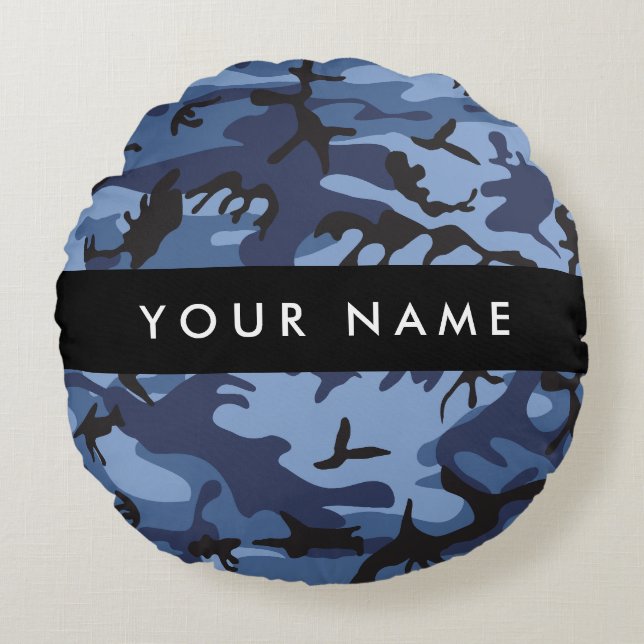 Coussins Ronds Camouflage bleu marine Votre nom Personnalisez (Devant)