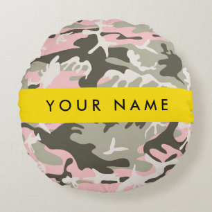 Coussins Ronds Camouflage Rose et Vert Personnalisez votre nom