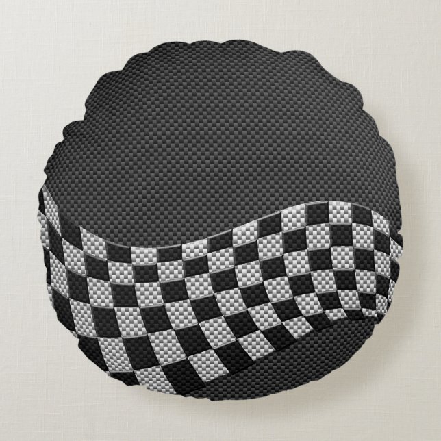 Coussins Ronds Carbone Fiber Style Racing Drapeau Checkers Vague  (Devant)