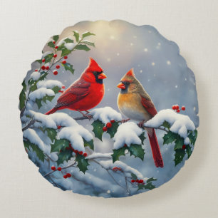 Coussins Ronds Cardinaux rouges et houx dans la neige