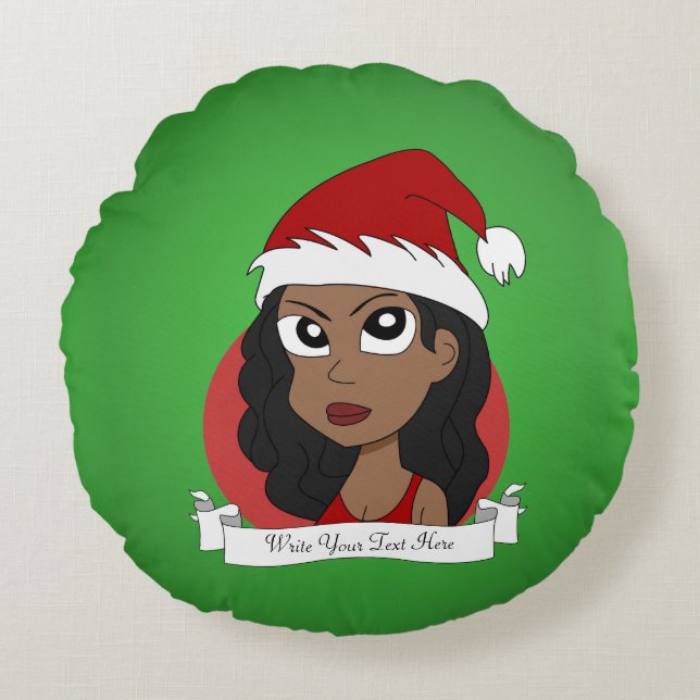 Coussins Ronds Caricature de fille de Noël personnalisée (Devant)