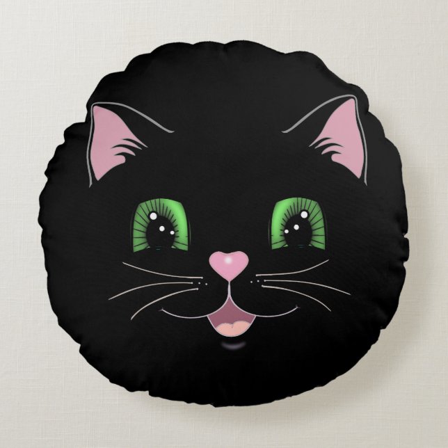 Coussins Ronds Caricature moderne drôle mignon visage chat noir (Devant)