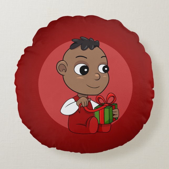 Coussins Ronds Caricature pour bébé afro-américain de Noël (Devant)