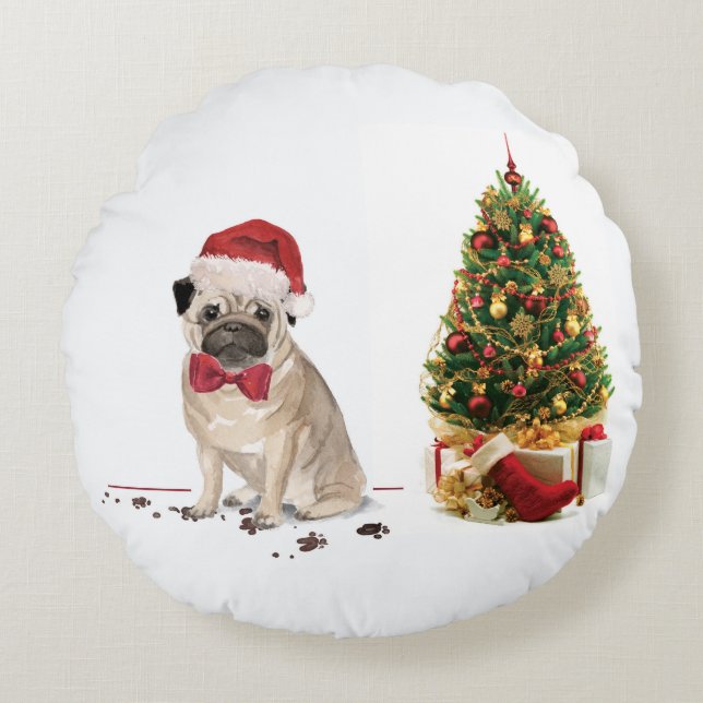 Coussins Ronds Carlin drôle Chien de Noël avec arbre (Devant)