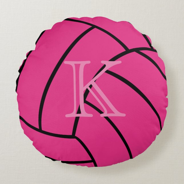 Coussins Ronds Carreau rond de volleyball rose de monogramme (Devant)