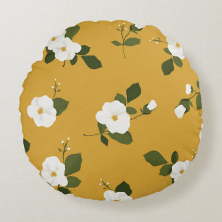Coussins Ronds Carreau rond floral ocre avec les fleurs blanches